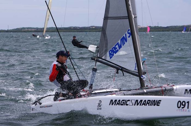 Steven Brewin working hard at the top mark -  Sail Sydney 2011 © Robin Evans