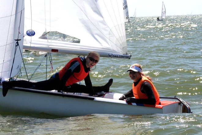 Meanwhile, Tessa Alberts takes time out to practice her other sport – new insight into boat balance? – anyway skipper, Cecile Janmaat seems to take it all in her ‘stride’ - Dutch 420 National Championship 2011 © Evert Jan van Garderen