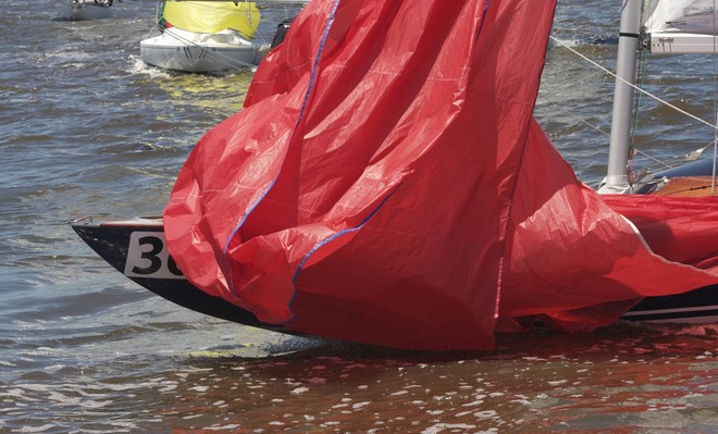Yet another recalcitrant kite. This time one of the Danish crews. - Dragon Worlds &copy;  John Curnow