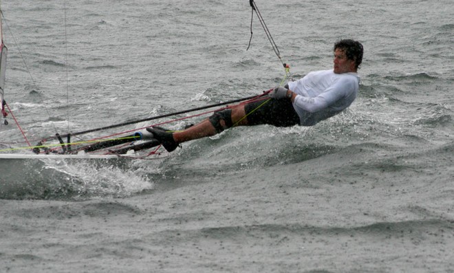 Dave Posten going back ashore in the rain. - Musto Performance Skiffs Worlds ©  John Curnow