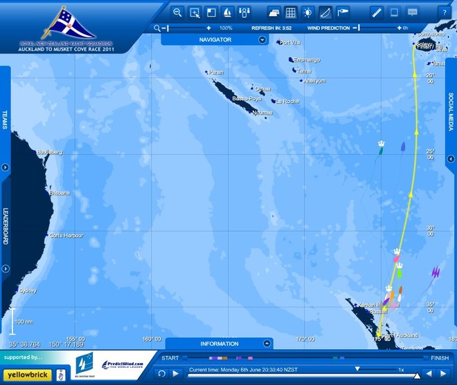 The on the water positions of the leaders in the 2011 Auckland - Musket Cove Race as of 2030hrs 6 June 2011. Camper is closest to the yellow rhumb line. TVS is the trimaran to the east (right) and Wired is between the two yachts. © RNZYS Media