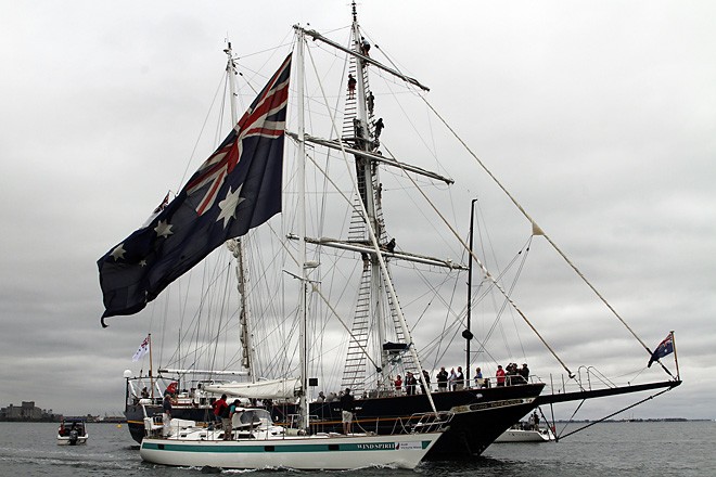 Windspirit flying her America’s Cup Australia II flag past the Young Endeavour - Audi Victoria Week 2011 © Teri Dodds /Audi Victoria Week http://www.teridodds.com