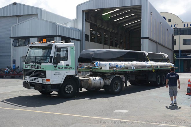 The first AC45 hulls arrive at the Oracle base in Auckland’s Viaduct basin.  &copy; Chris Cameron www.chriscameron.co.nz