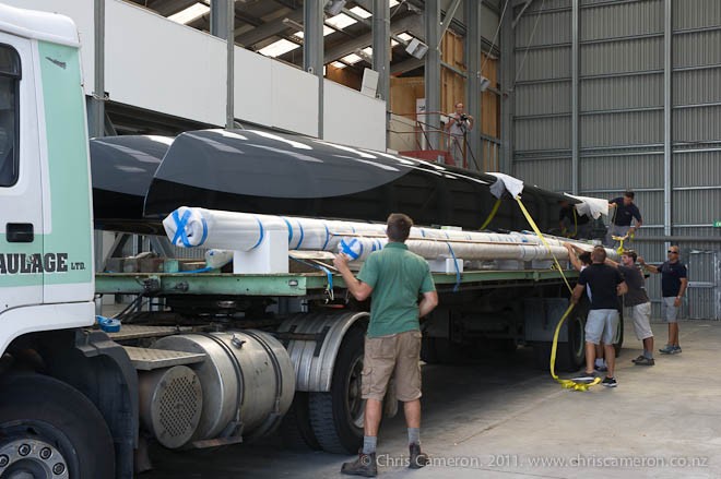 The first AC45 hulls arrive at the Oracle base in Auckland’s Viaduct basin.  &copy; Chris Cameron www.chriscameron.co.nz