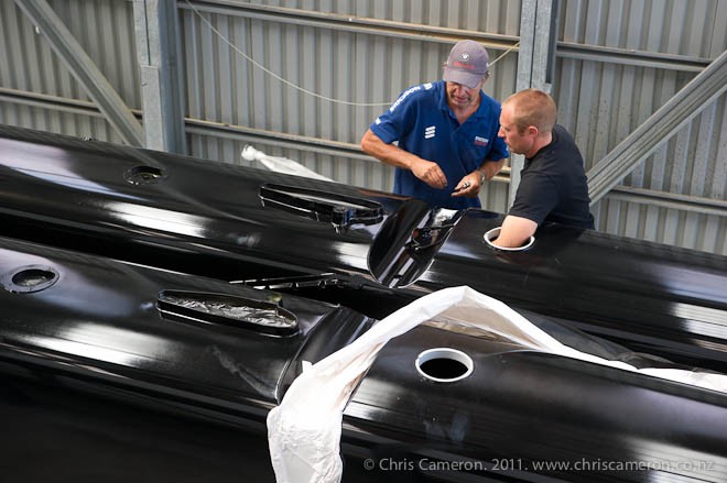 The first AC45 hulls arrive at the Oracle base in Auckland’s Viaduct basin.  &copy; Chris Cameron www.chriscameron.co.nz