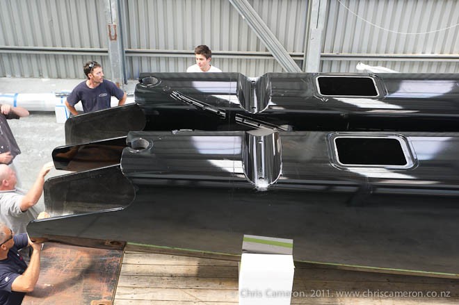 The first AC45 hulls arrive at the Oracle base in Auckland’s Viaduct basin.  &copy; Chris Cameron www.chriscameron.co.nz
