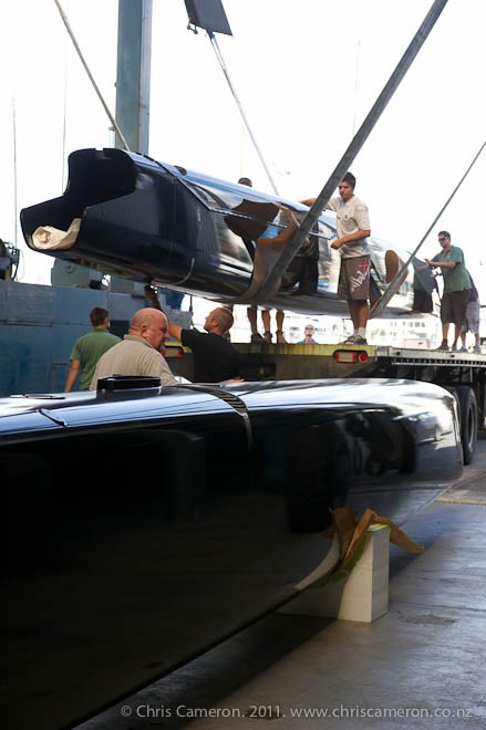 The first AC45 hulls arrive at the Oracle base in Auckland’s Viaduct basin.  &copy; Chris Cameron www.chriscameron.co.nz