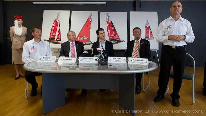 Emirates Team New Zealand press conference to announce their participation in the 33rd America’s Cup and the signing of Nespresso as a sponsor. (L to R) Dean Barker, Richard Vaughan DSVP commercial ops Emirates Airline, Guillaume Cheneau NZ country Manager Nespresso, Bob Field Chairman Toyota New Zealand and Kevin Shoebridge COO of ETNZ. 21/4/2011 © Chris Cameron/ETNZ http://www.chriscameron.co.nz