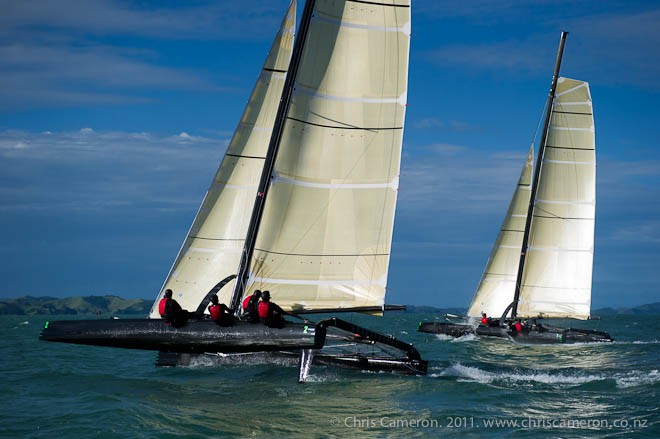 Emirates Team New Zealand two boat testing with their SL33s. 11/7/2011 © Chris Cameron/ETNZ http://www.chriscameron.co.nz