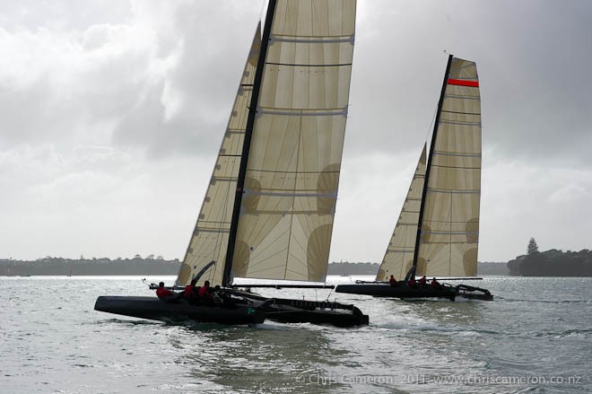 Emirates Team New Zealand show the media their two SL33 catamarans used for testing and training . 13/7/2011 © Chris Cameron/ETNZ http://www.chriscameron.co.nz