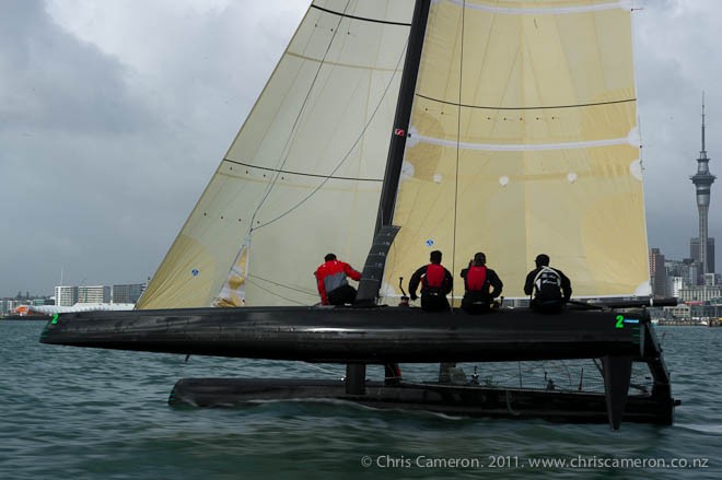 Emirates Team New Zealand show the media their two SL33 catamarans used for testing and training . 13/7/2011 © Chris Cameron/ETNZ http://www.chriscameron.co.nz