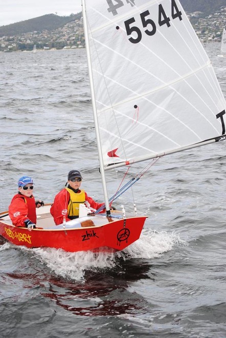 Sabot sailors Sam King and crew managed the fresh winds with some bailing. - Crown Series Bellerive Regatta © Rob Cruse