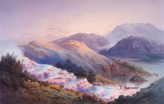 Painting of the Pink Terraces prior to 1886.  <br />
(Painting courtesy Alexander Turnbull Library) <br />
 <br />
 © Woods Hole Oceanographic Institution (WHOI) http://www.whoi.edu/