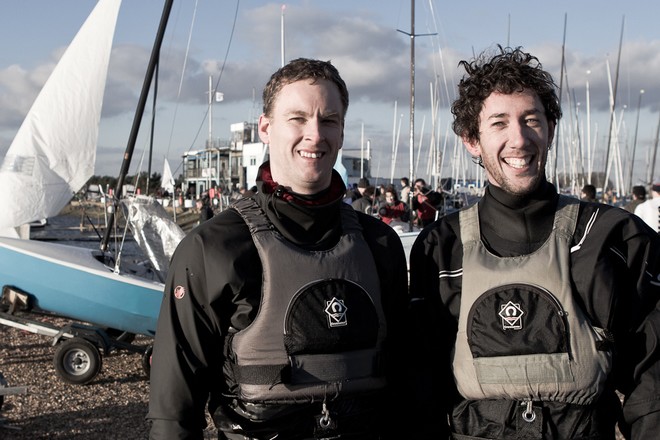 ENGLAND, London, Queen Mary Sailing Club. 8th January 2011. Bloody Mary pursuit race. Roger Gilbert (left) and Ben McGrane winners of the 2011 Bloody Mary. © Ian Roman http://www.ianroman.com