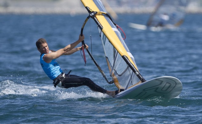 New Zealand racing in the RSX Men class on day 4 of the Skandia Sail for Gold Regatta, in Weymouth and Portland, the 2012 Olympic venue.  © onEdition http://www.onEdition.com