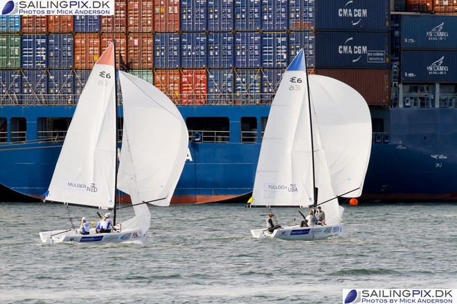 Skipper Genny Tulloch battles in light breezes in the busy, working port of Fremantle. Copyright © Mick Anderson - Perth 2011 ISAF Sailing World Championships © Shauna McGee Kinney