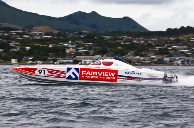 ’Fairview’ flies past the Taupo shore - Round One of the Rayglass NZ Offshore Powerboat Series<br />
Thunder on the Lake - Taupo  January 22nd 2011<br />
 © Cathy Vercoe LuvMyBoat.com http://www.luvmyboat.com
