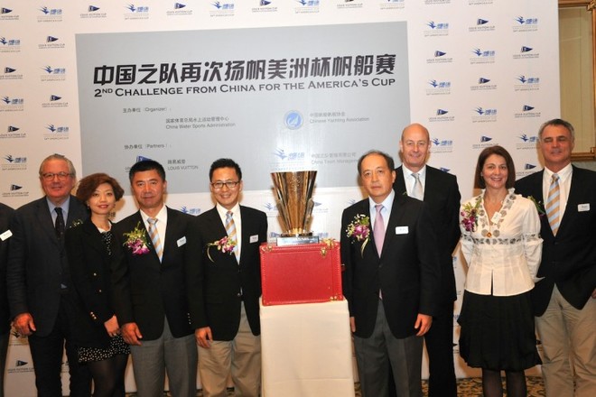 China Team announces its challenge for the 34th America’s Cup in Beijing. (Bruno Trouble, Louis Vuitton; Grace Zhang, Louis Vuitton; Li Quanhai, Chinese Water Sports Bureau; Wang Chao Yong, China Team; Xiao Tian, China Yachting Association; Richard Worth, America’s Cup Event Authority; Noëlle Smulders, Thierry Barot, China Team. - America’s Cup © China Team http://www.americascup.com/