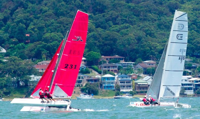 Waterhouse (sail 231) works the wind with Brewin (sail 7) giving chase - 2011 Australian F18 National Championship at Gosford Sailing Club © Lulu Roseman