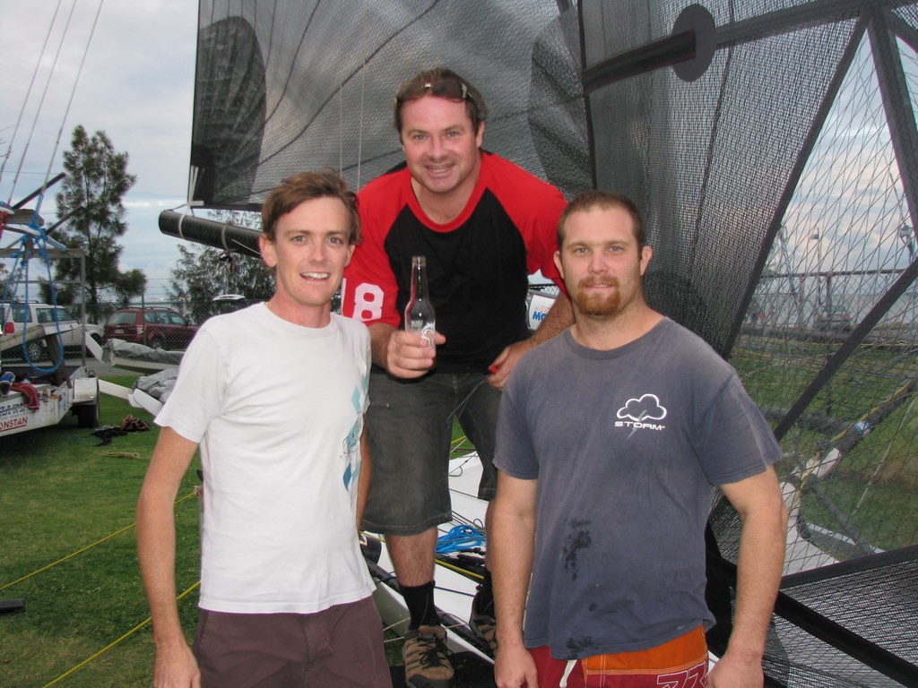 Sailtech crew (l-r) Toby Poulsen, Adam Young and Nathan Schmitman - 2011 Queensland 18ft Skiff Championships photo copyright Mark Graveson taken at  and featuring the  class