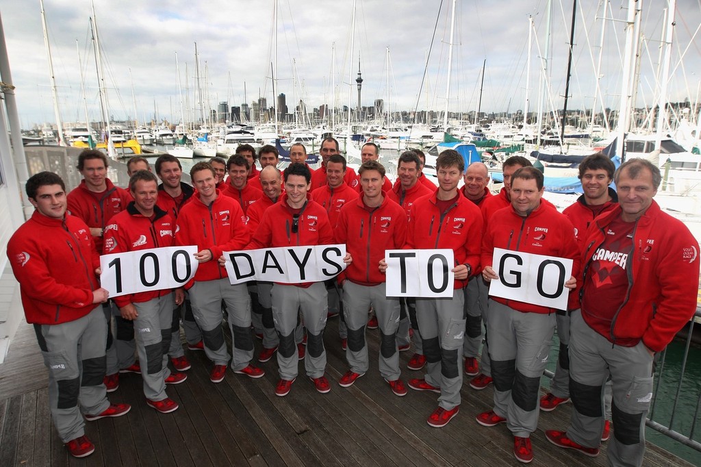 The Camper crew gather for a photo opportunity to celebrate 100 days to go until the start of the 2011/12 Volvo Ocean Race, during the Auckland Port’s farewell press conference at the Royal New Zealand Yacht Squadron on July 20, 2011 in Auckland, New Zealand. © Getty Images