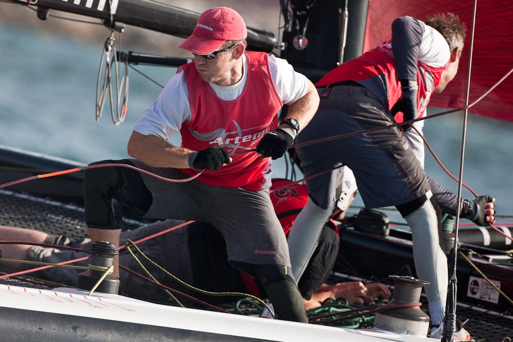 Morgan Trubovich tailing the spinnaker sheet. 23rd of February, Day 4 of the Extreme Sailing Series, Act 1, Muscat, Oman (20 - 24 February 2011) © Sander van der Borch / Artemis Racin - Extreme 40’s - Oman - Day 4 © Sander van der Borch / Artemis Racing http://www.sandervanderborch.com