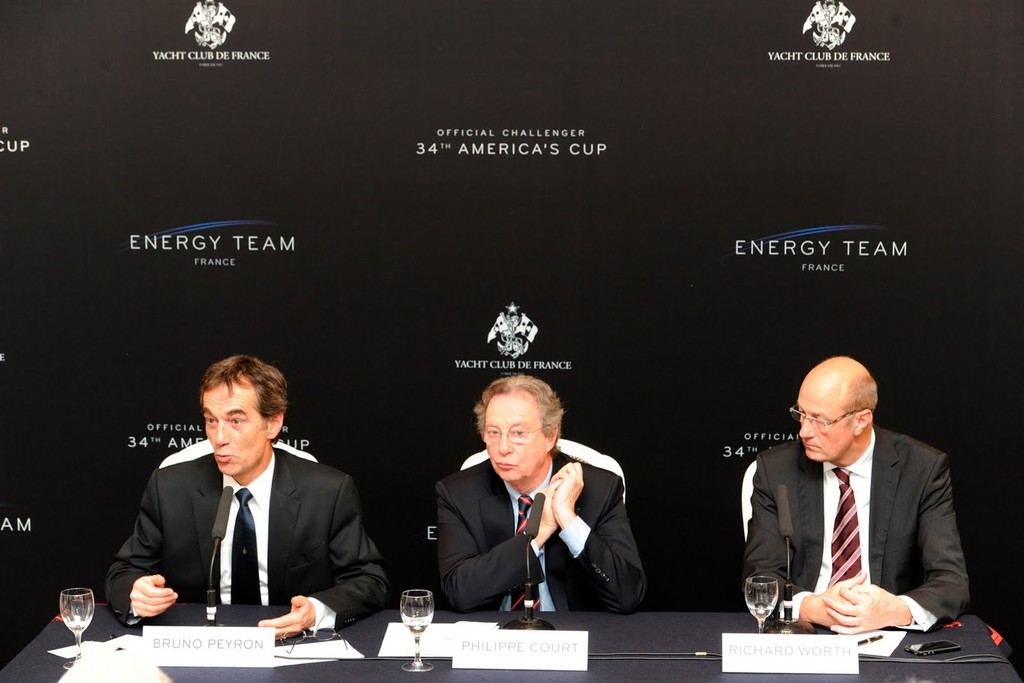 From left, Bruno Peyron, Philippe Court (President Yacht Club de France) and Richard Worth (CEO Americas Cup Race Management). Paris, 9 February 2011. Photo: Franck Faugere / DPPI / Energy Team &copy; SW