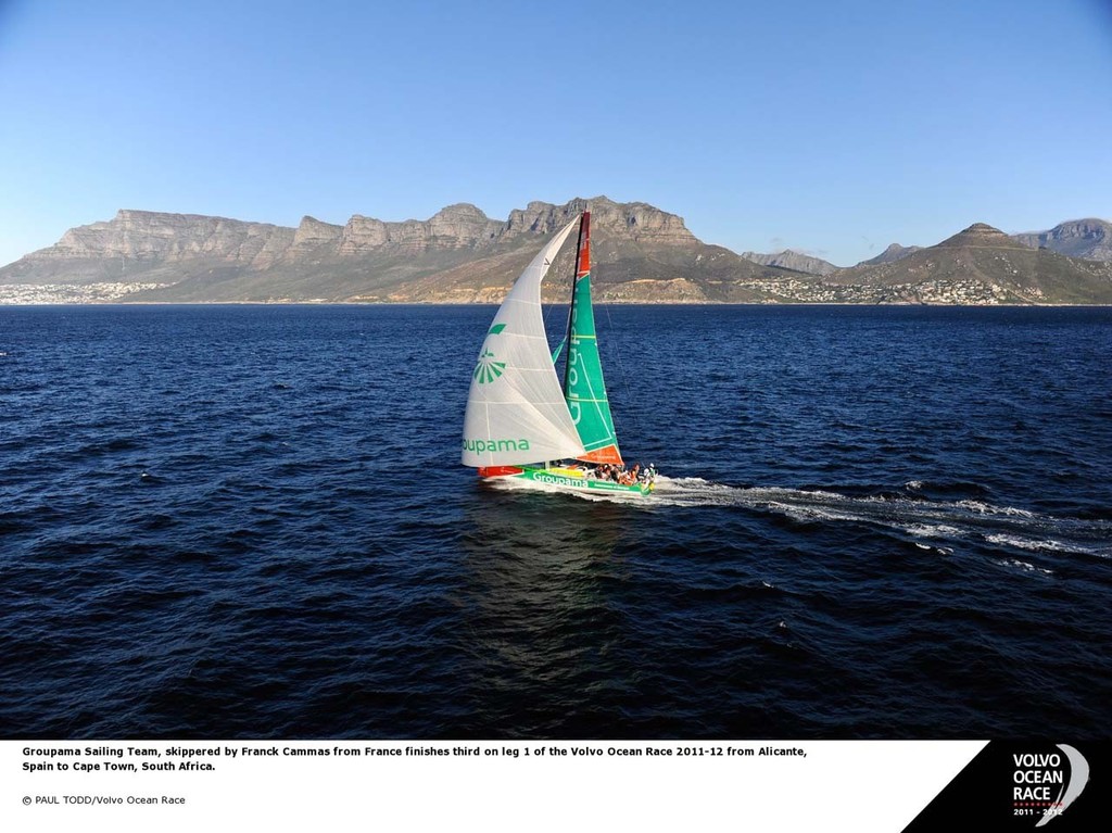 Groupama Sailing Team, skippered by Franck Cammas from France finishes third on leg 1 of the Volvo Ocean Race 2011-12 from Alicante, Spain to Cape Town, South Africa. © Paul Todd/Volvo Ocean Race http://www.volvooceanrace.com