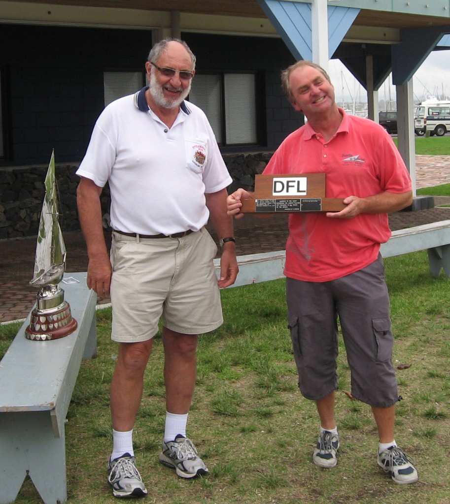 Race Officer presenting the DFL Trophy to Peter Precey representing North Harbour - 2011 Sanders Cup © Antje Muller