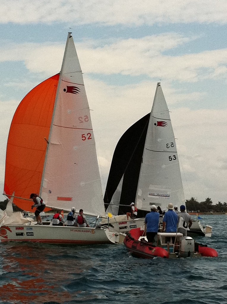 Lahey (53) passes Hansen (52) for the lead in race two of final - Australian Match Racing Championships © Shane Smith