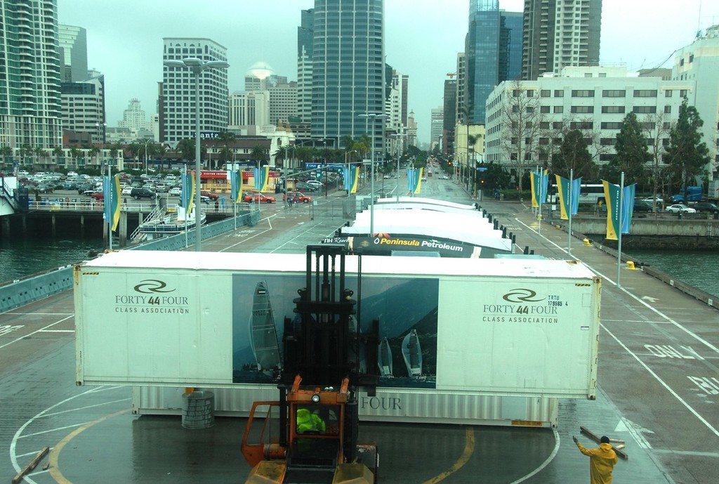 RC44 boats and containers arriving on Broadway Pier, San Diego - Oracle RC44 Cup San Diego © Christy Radecic