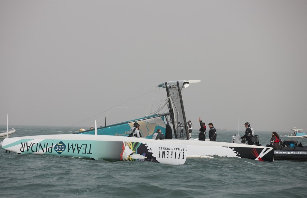Team GAC Pindar and Oman Air after capsizing - Extreme Sailing 2011 - Day 3, Qingdao © Lloyd Images http://lloydimagesgallery.photoshelter.com/