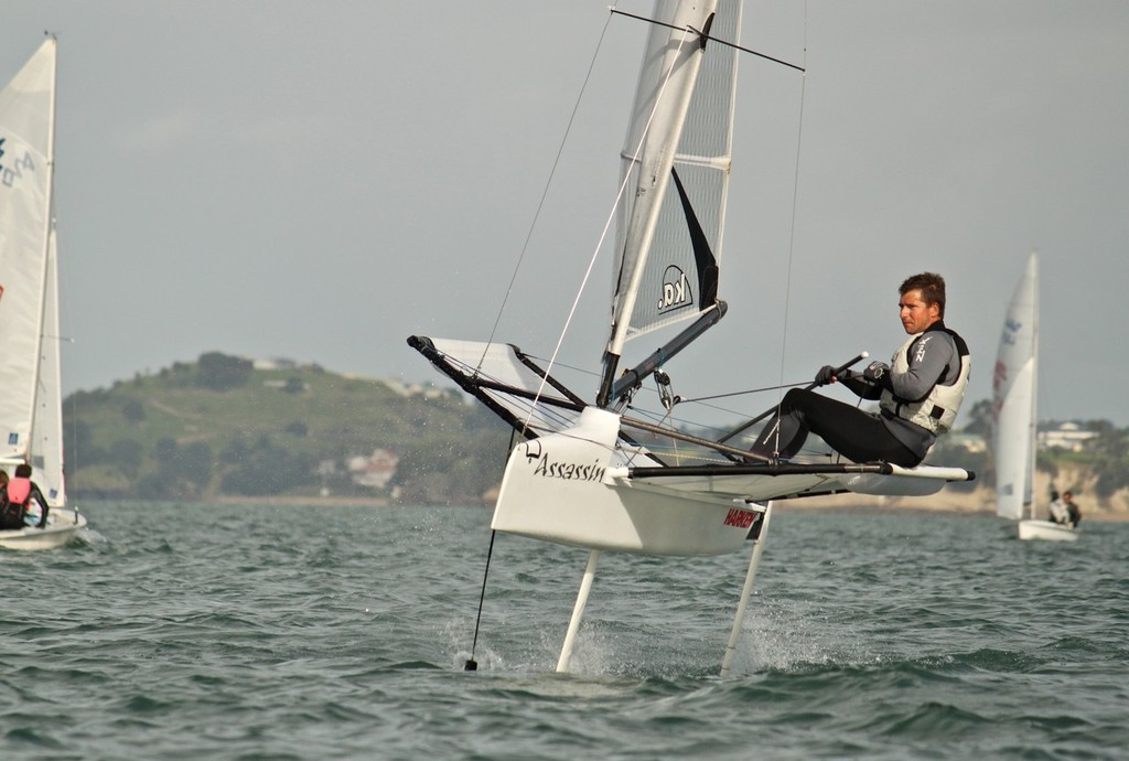 Andrew Brown sailing a foiling moth at Takapuna Beach &copy; Georgia Schofield
