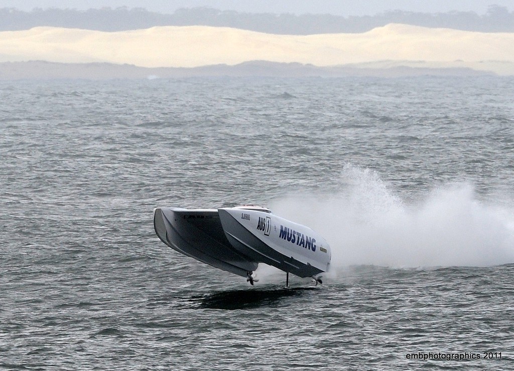 Tom Barry-Cotter and Pal Virik Nilsen (aboard 'Mustang') went to Newcastle to begin the chase for their fourth successive Class 1 title, but it was not to be this time. ``We'll be back, bet on it,`` Tom declared. - Newcastle offshore photo copyright Reg Blunt http://www.embphotographics.com.au taken at  and featuring the  class