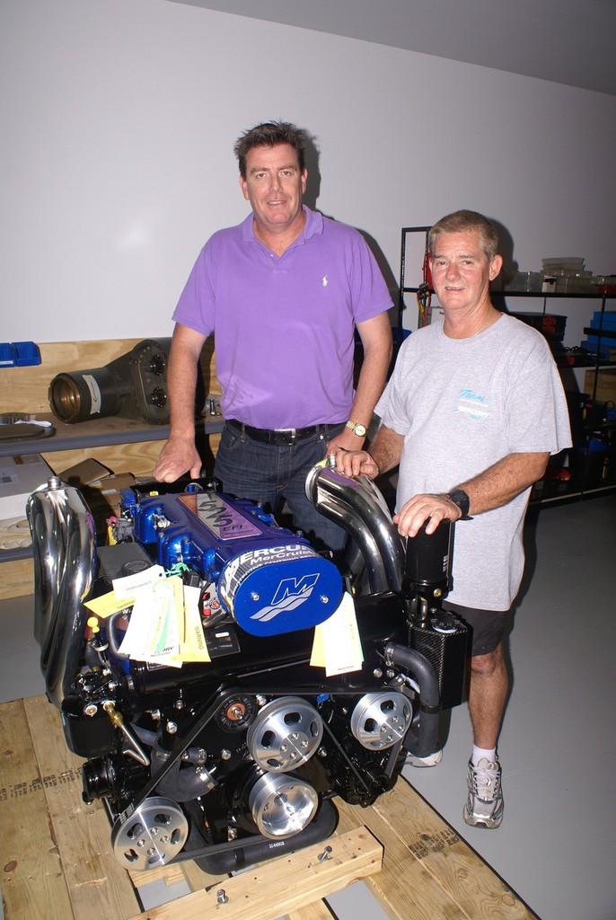 Adam Gilbert (left), president of the Offshore Superboat Championships with Steve Nugent, scheduled to take the wheel of the new 'Team 3' and the MerCruiiser engines ready for installation and first outing at Mackay. - OSC photo copyright Bob Wonders taken at  and featuring the  class