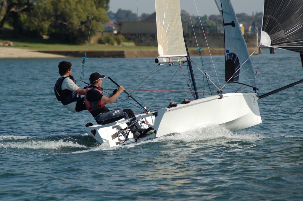 Kirk Mitchell and Mike Kurts on thier way to one of two solid third places on Day One of racing - 2011-12 Cherub NSW State Championships Round One © David Stephenson