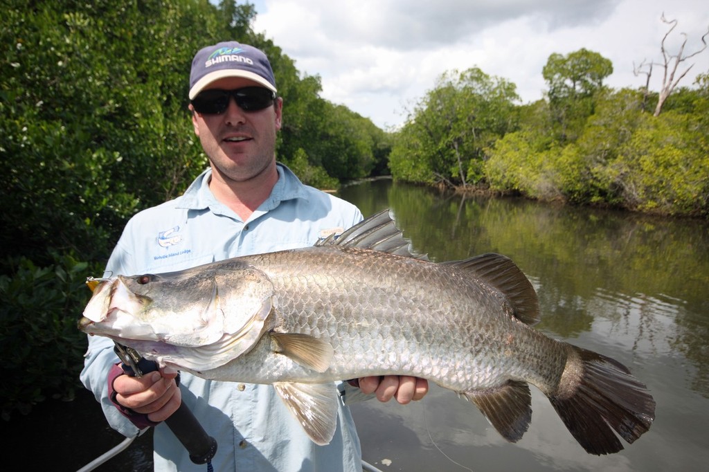 Scott was pleasantly surprised when this monster Barra came boatside.  © Jarrod Day