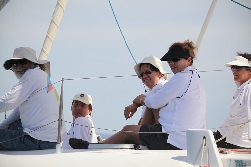 The foredeck crew on the big cat Cosmic Gift were not worried by the lack of wind. - Geographe Bay Race Week 2011 © Bernie Kaaks - copyright