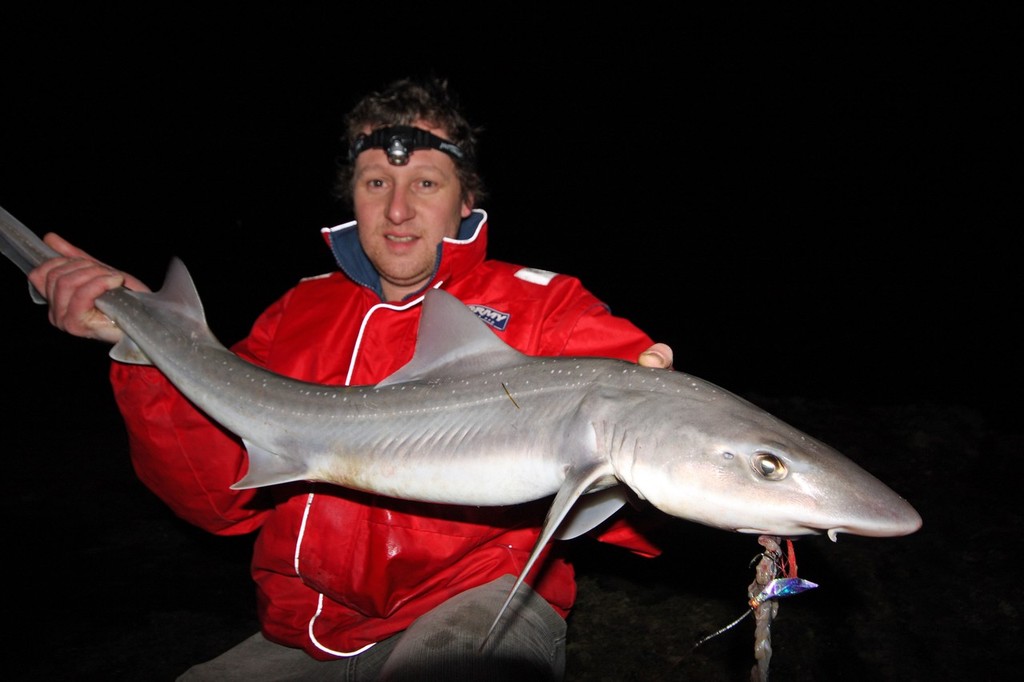 Scott Mcnabb display’s a solid gummy shark from the rocks in Western Port. - Gummy Sharks © Jarrod Day