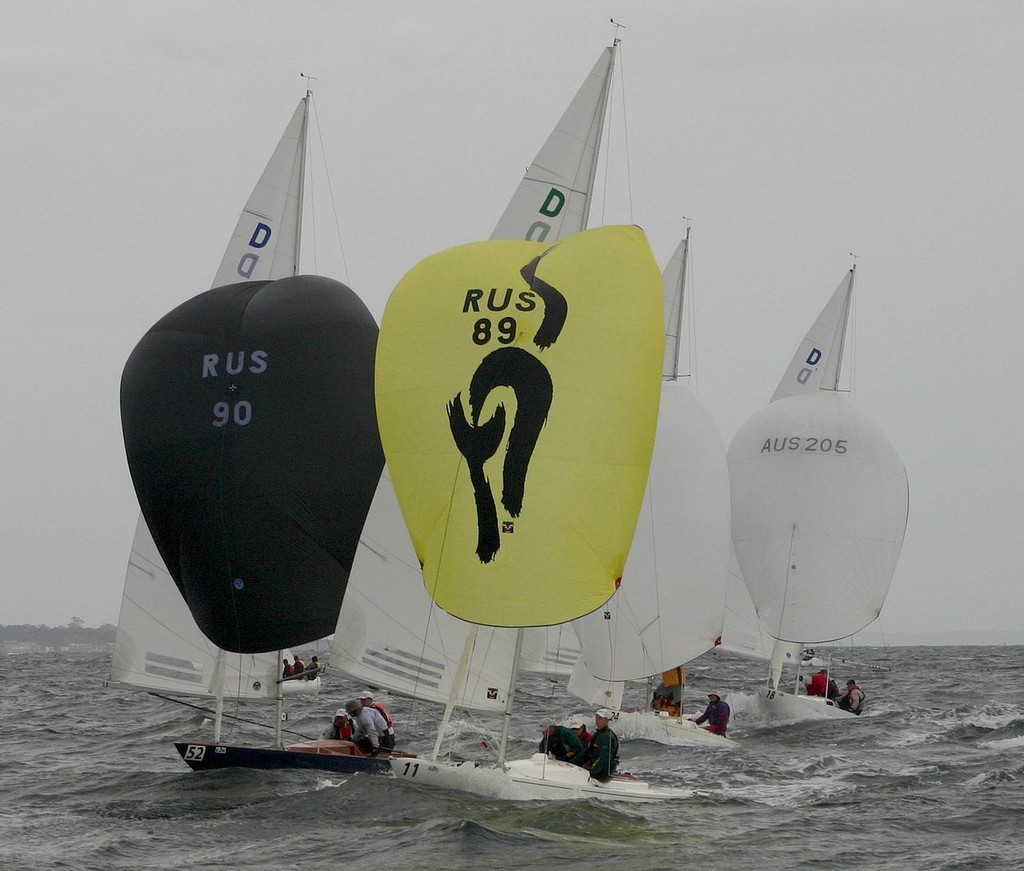 Russia’s Olga White and Igor Goihberg race downhill. - Dragon World Championships &copy;  John Curnow