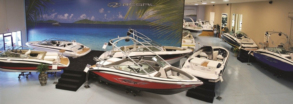 Known as ’The Sportboat Room’, this section of the’ superb showroom displays the company’s range of sportboats from sleek bowriders to express cruisers.    © Regal Marine .