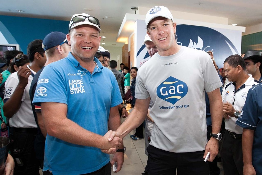 Johnie Berntsson and Ian Williams shake hands after the at the Monsoon Cup 2011. Kuala Terengannu, Malaysia. © Gareth Cooke Subzero Images/Monsoon Cup http://www.monsooncup.com.my
