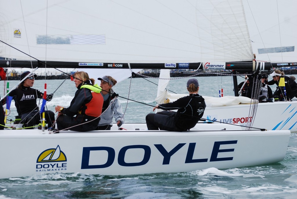 Close finals racing with Olivia Powire (9. Doyle Sails) v Stephanie Hazard (3. Telecom) - New Zealand Women’s Match Racing Championships 2011 © Sara Roberts