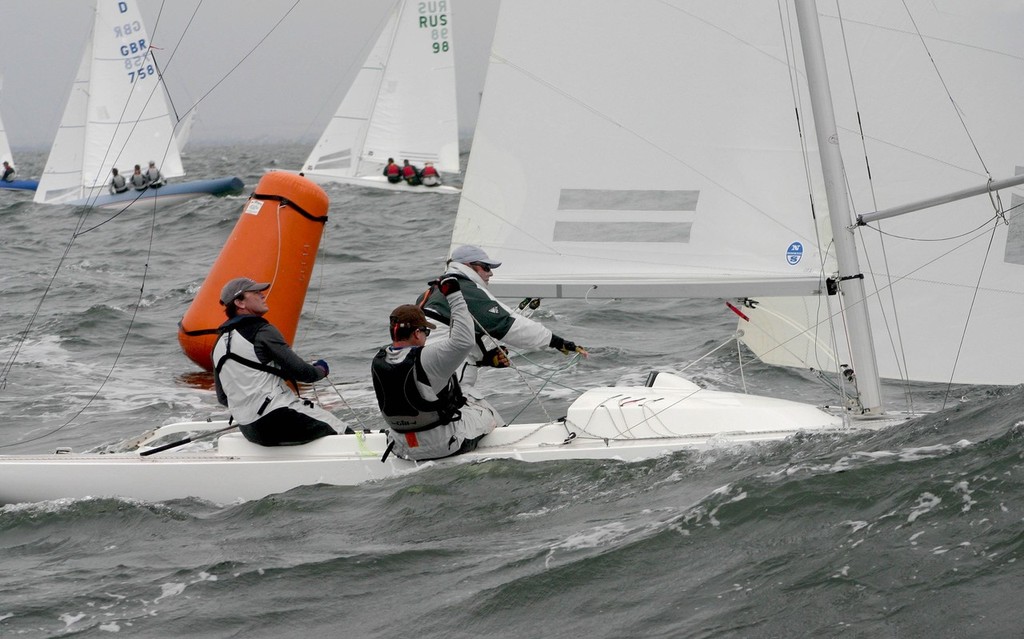 Crew work at the top mark, in the waves. - Dragon World Championships ©  John Curnow