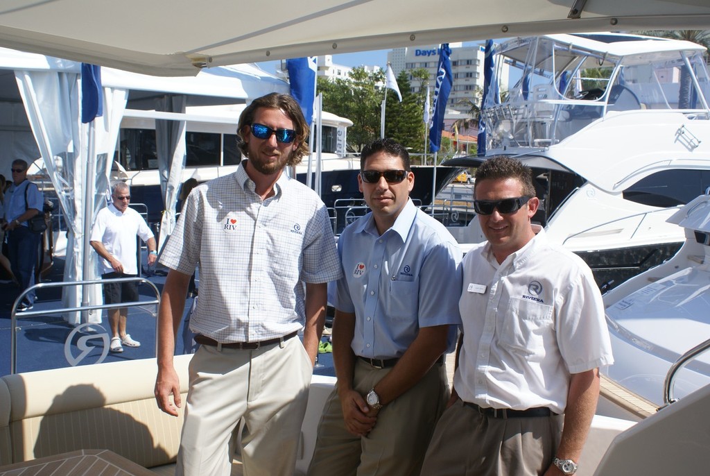 Riviera's Chris McCafferty (cedntre) with former Gold Coasters now residing in the USA, Cameron Dewhurst, Warranty and Service Director (left) and Justin Gross, Service and project Manager. photo copyright Bob Wonders taken at  and featuring the  class