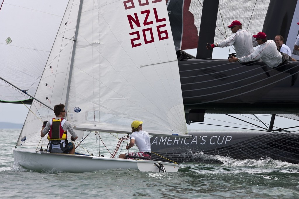 24/01/2011 - Auckland (NZL) - 34th America's Cup - AC45 sea trial n°5 - Murray Jones give AC 45 closer look to his son Matthew Jones (crew) and James Turner as they were training in the same area of Hauraki gulf. photo copyright ACEA - Photo Gilles Martin-Raget http://photo.americascup.com/ taken at  and featuring the  class