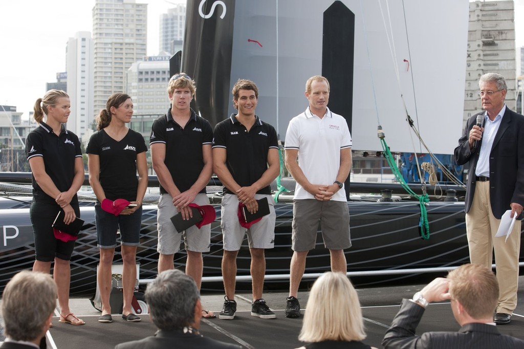 NZL Sailing Team members Olivia Powrie, Jo Aleh, Peter Burling, Blair Tuke with Jimmy Spithill and Peter Montgomery © ACEA - Photo Gilles Martin-Raget http://photo.americascup.com/