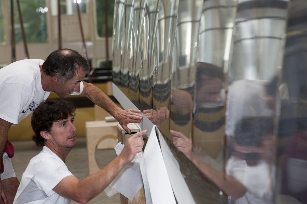 Sailing crew help assembling team AC45 and its wing - Craig Phillips - Tim Smith © Gilles Martin-Raget / Oracle Racing