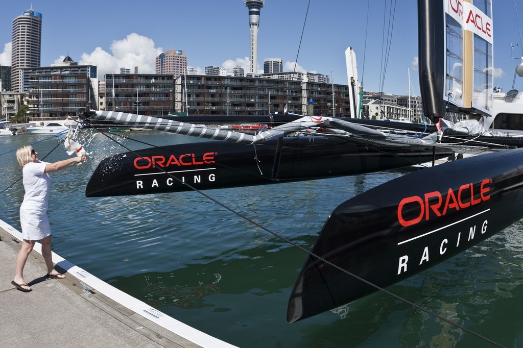 Oracle Racing AC45 assembly and finalization - Christening by Team member Lisa Watson © Gilles Martin-Raget / Oracle Racing