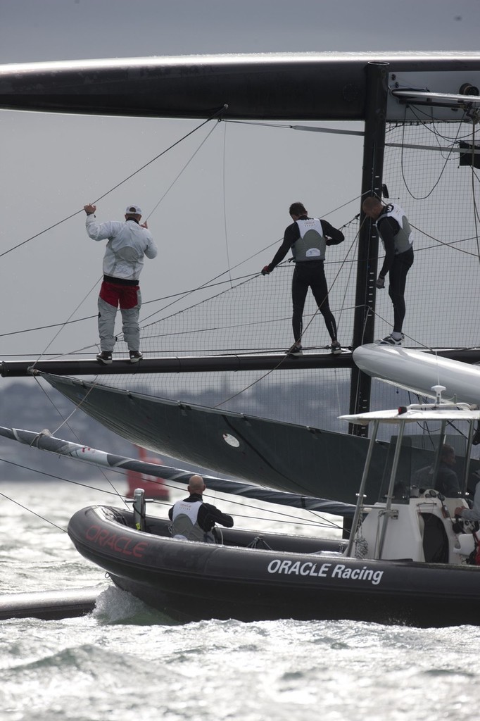 25/04/2011 - Auckland (NZL) - 34th America’s Cup - AC45 test event - Day 1 - Oracle 1 capsize and redress © OracleTeam USA www.oracleracing.com